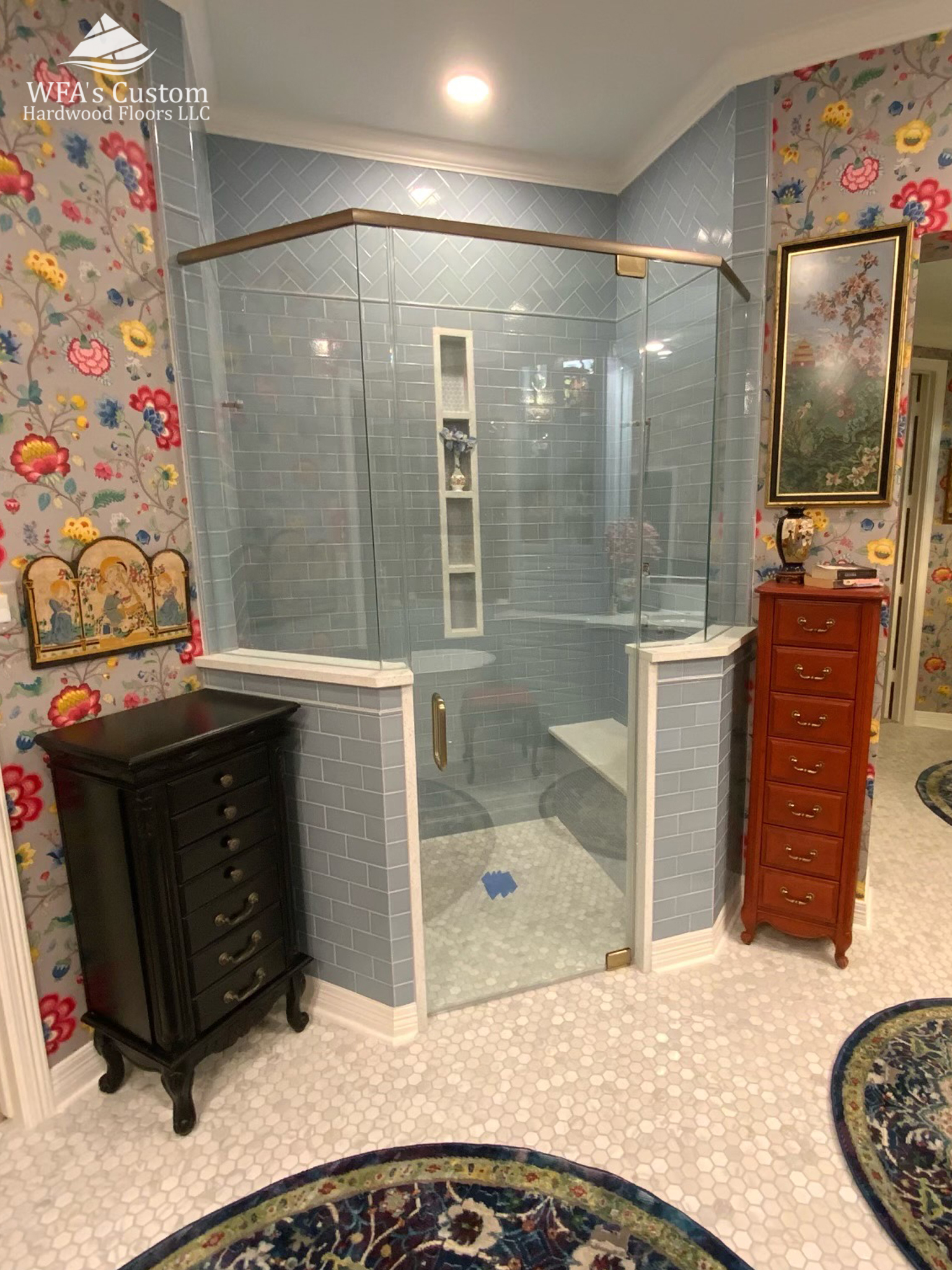 blue tile shower installation, custom shower glass installation, wfa's custom hardwood floors, houston texas